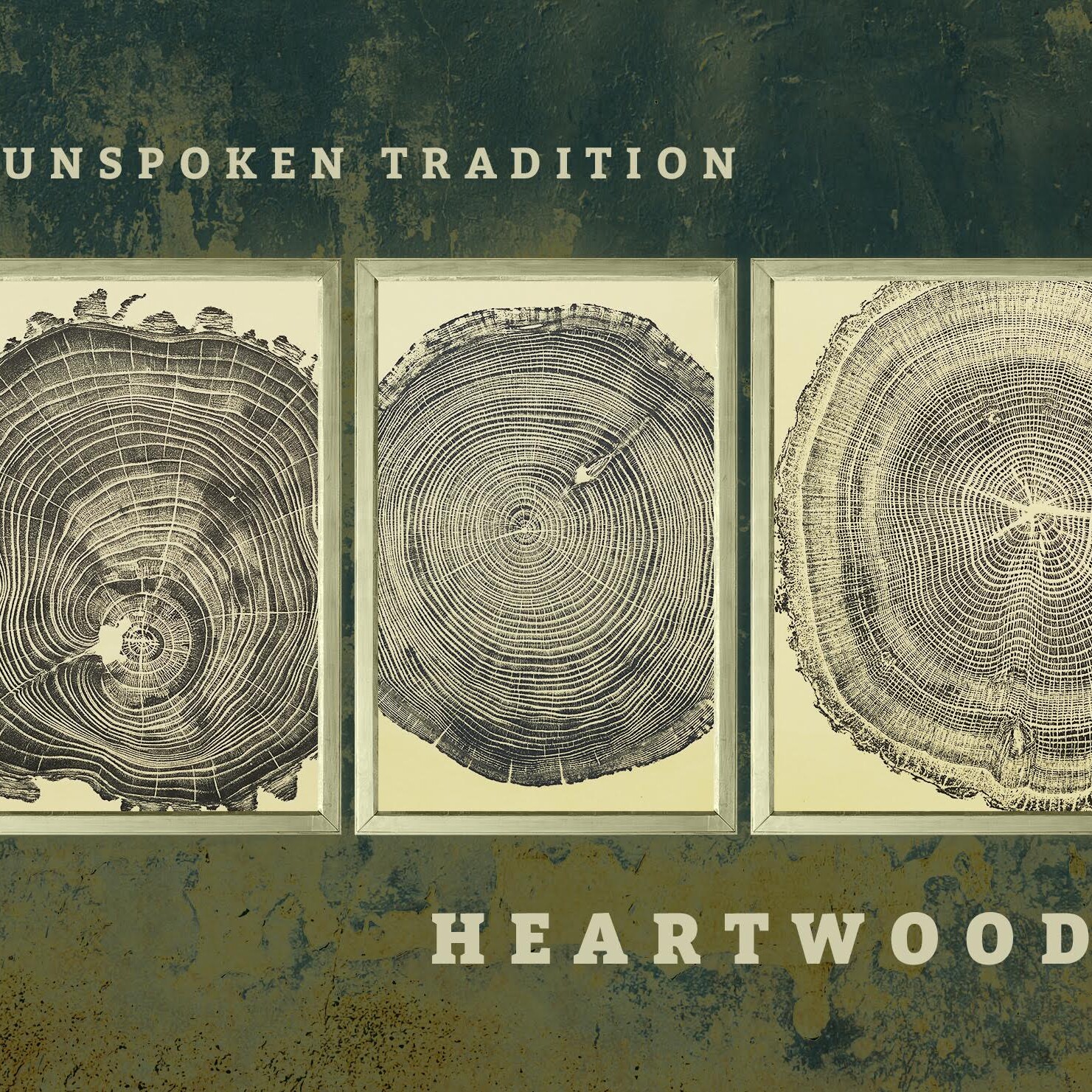 Triptych of framed tree-ring prints on a weathered green wall, with the title UNSPOKEN TRADITION above and HEARTWOOD below.